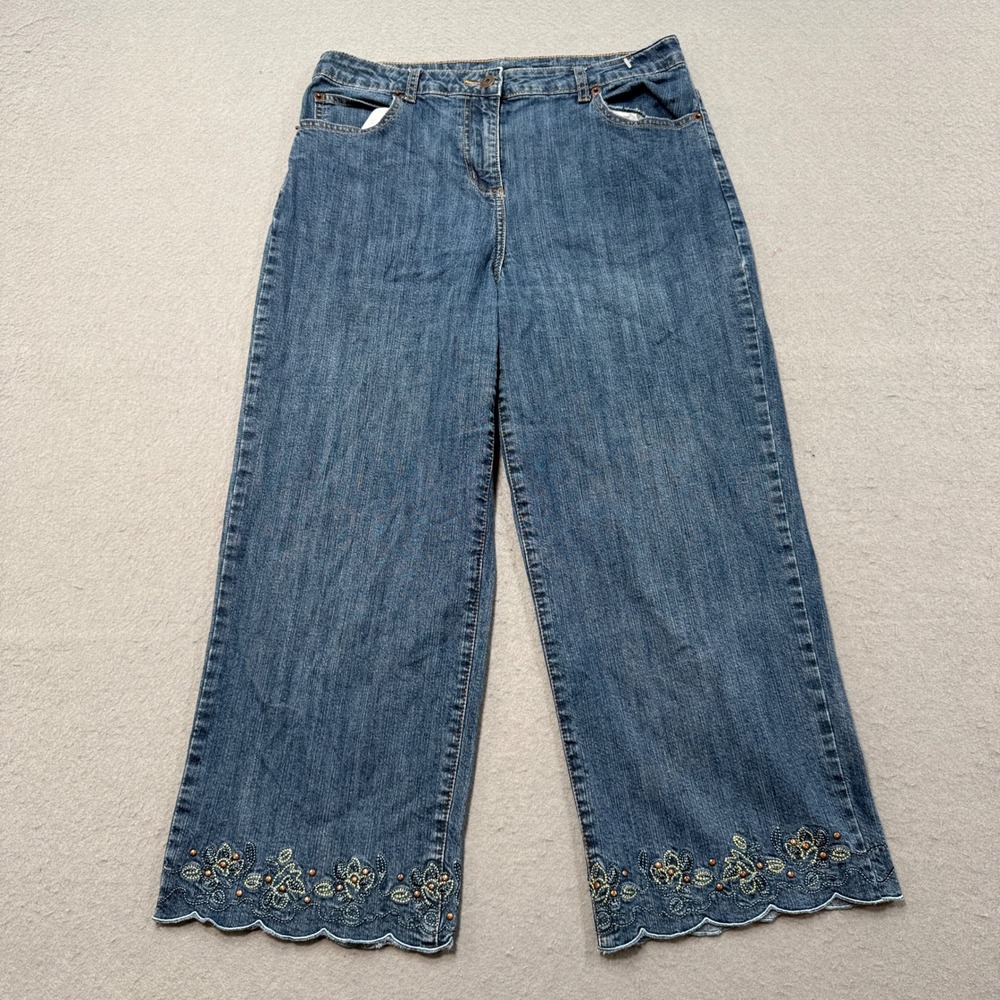 Denim & Co Jeans Women's 10 Blue Wide Leg Embroidered Scalloped Hem Baggy Capri